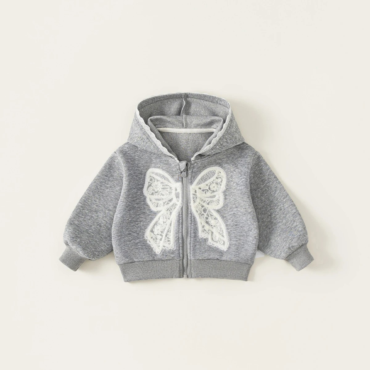 

Girls Grey Jackets Lace Hooded Long Sleeve Zipper Coat Embroidery Bow Loose Casual Tops Outerwear 2025 Autumn New 1-8Y Kids Coat