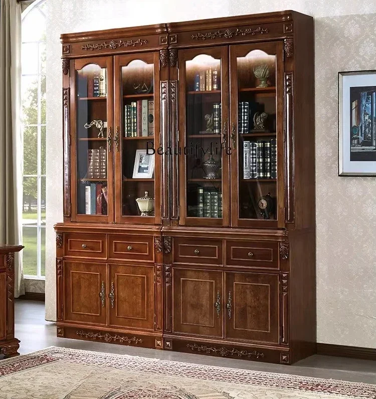 

LX1Bookcase with Glass Door European-Style Solid Wood Retro Bookcase Floor-Standing Rack Combination Clothes Closet