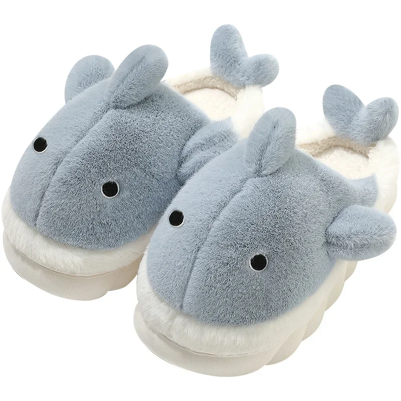 Funny Animal Shark Cotton Slippers Women\'s Thick Soles Home Slipper 2022 Winter New Warm Non Slip Lovely Plush Couple Slippers