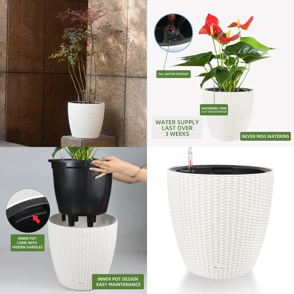 

Большой самополивный кашпо из ротанга 15x14 с колесами, для использования в помещении и на открытом воздухе, внутренний горшок, утолщенный напольный индикатор уровня воды