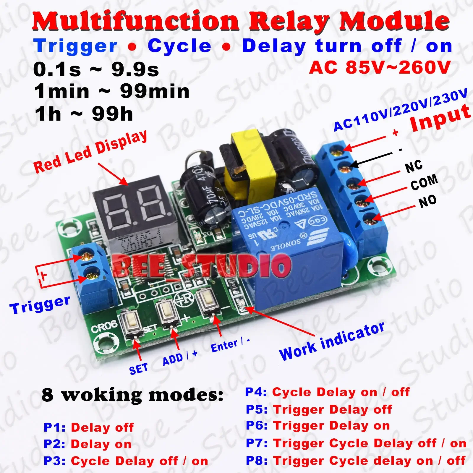 AC 110V 220V 230V Digital LED Cycle Delay turn ON/OFF Switch Timer Relay Module 8 modes