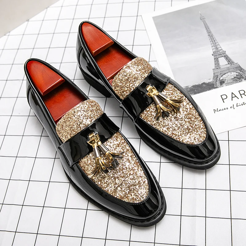 Luxury Brand Low Heel Loafers Men's Slip on Casual Golden Leather Nightclub Party Tassel Shoes Men's Dress Men's Platform Shoes