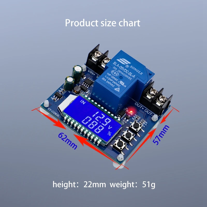 DC6-60V 30A Módulo de controle de carregamento de bateria de armazenamento Placa de proteção Carregador Interruptor de tempo Display LCD XY-CD63L