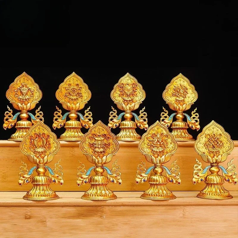 Eight auspicious ornaments Home desktop copper gilt inlaid with colored beads Eight auspicious set of Buddhist ornaments