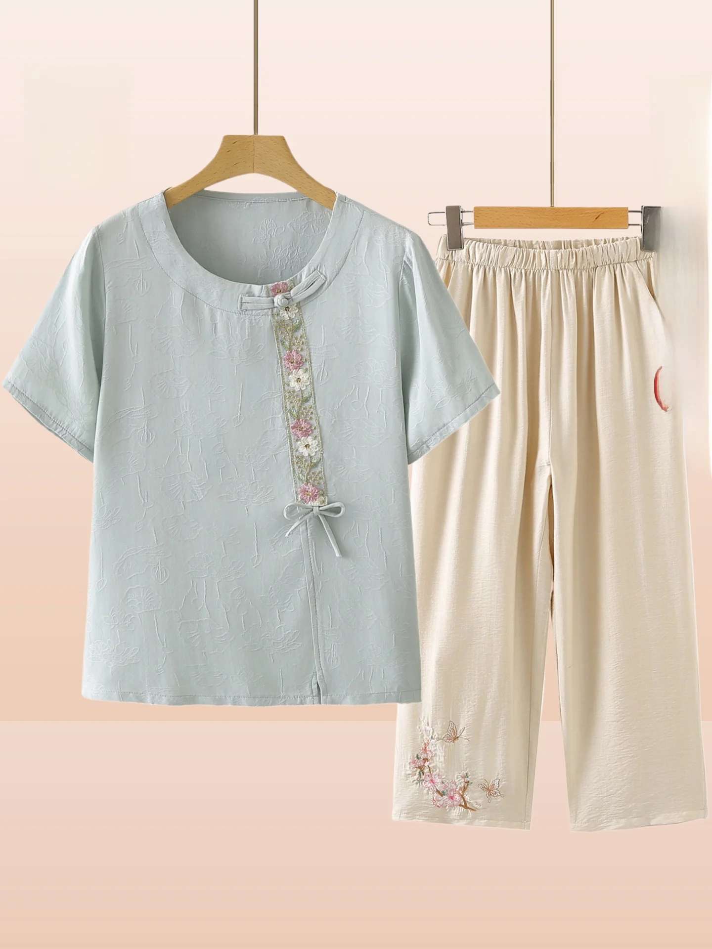 

andma Summer Cotton Clothes ort Sve Cotton Linen Set ly Women's Clothing Mom Old Lady Summer Outfit Tang Suit