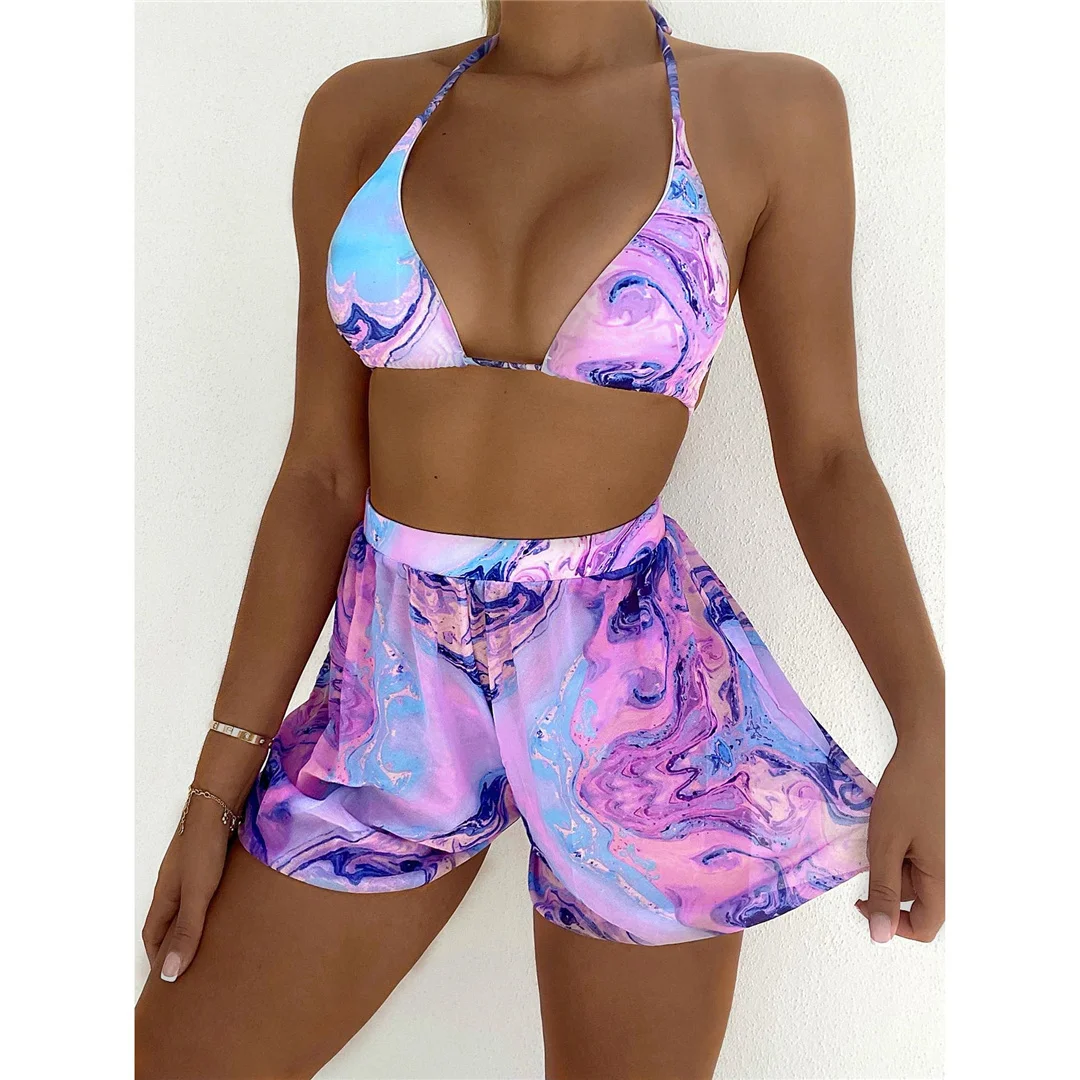 3-teiliger Tie-Dye-Bikini mit Neckholder, Damen-Badeanzug, dreiteiliges Bikini-Set mit Shorts, Badebekleidung, Badeanzug, Modell V3271 – Detail 12