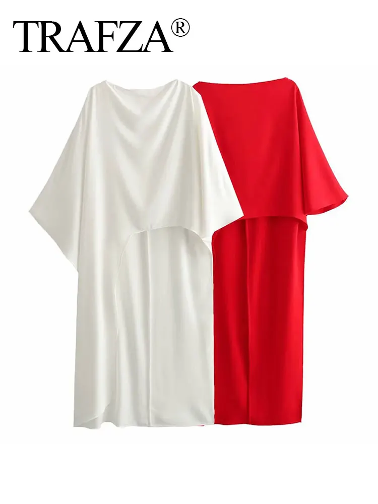 TRAFZA 2024 Female Summer Asymmetric Tops Resort Style Short Sleeves Cape Style Wild Round Neck Red Satin Loose Casual Tops