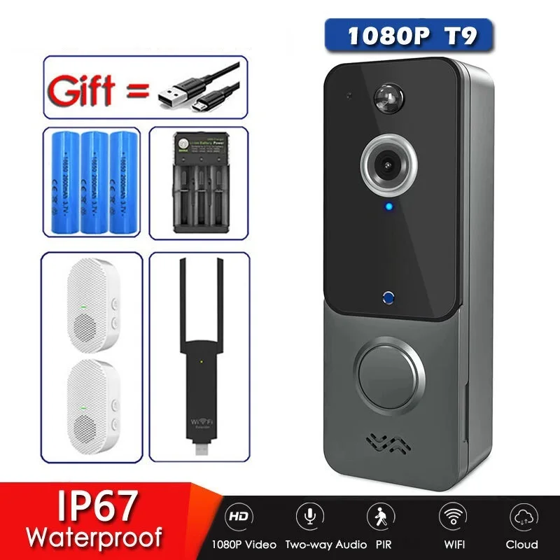 Top T9 Doorbell Camera 1080P Smart Video WIFI IP67 Weatherproof Visual Intercom Night Vision IP Door Bell PIR Wireless Cameras