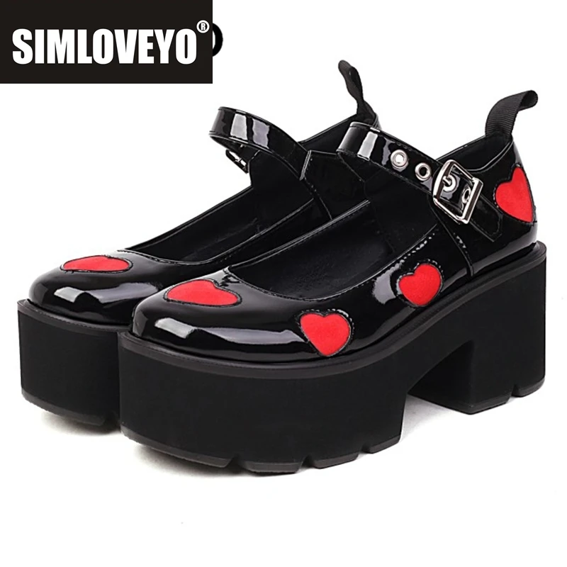 

SIMLOVEYO 2022, женские туфли-лодочки на платформе, круглый носок, массивный каблук, пряжка, ремешок, аппликации, большой размер 35–43, черный, красный, весна S3119