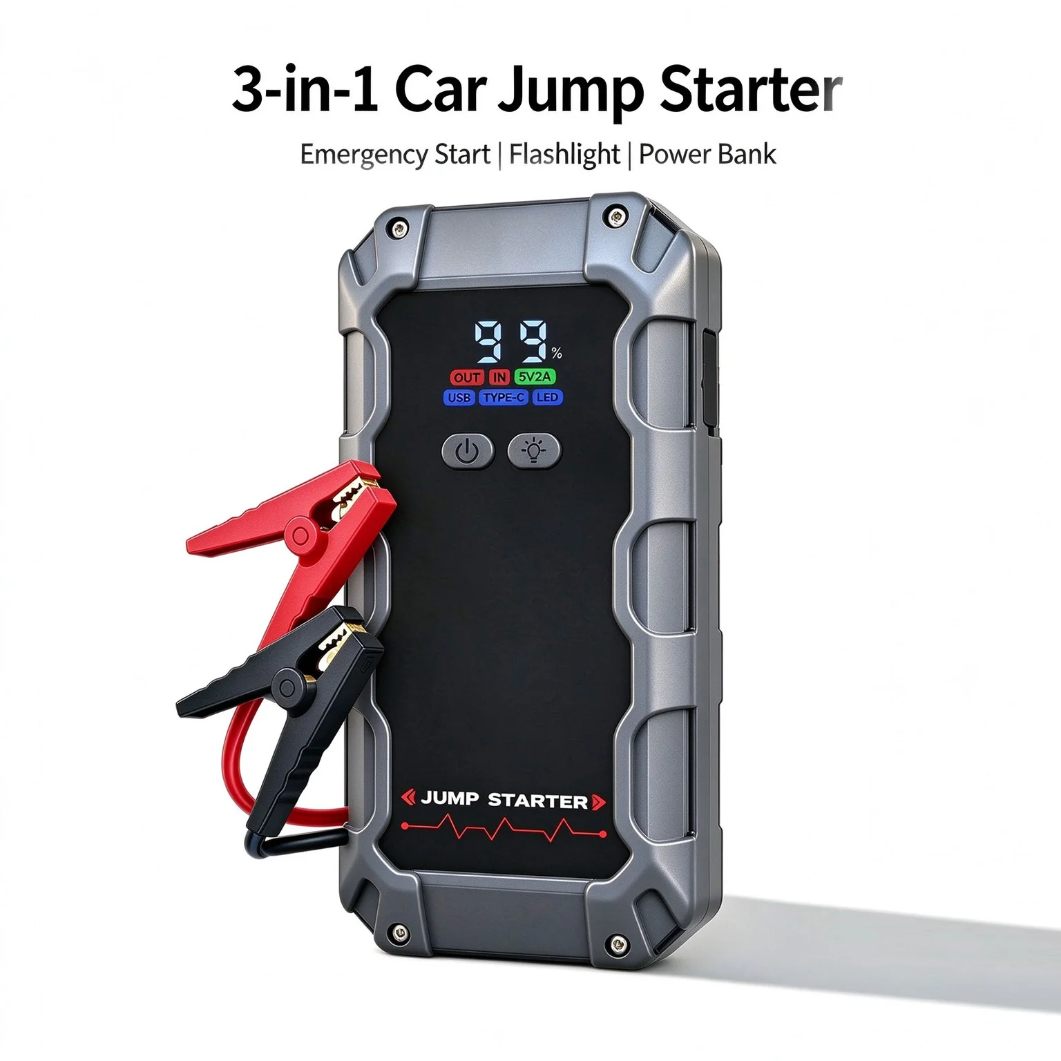 Car Jump Starter 4-in-1 12V 6000A Peak Current 150PSI Air Compressor LED Display Portable Emergency Booster For 12V Cars