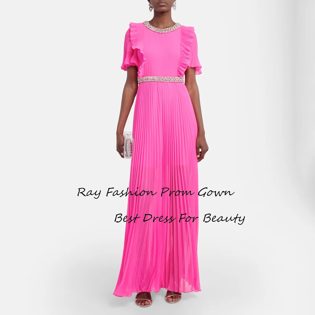 

Ray Fashion Chiffon A Line Evening Dress O Neck Short Sleeves With Tiered Ruffle Crystal For Formal Party Gowns Платье для бала