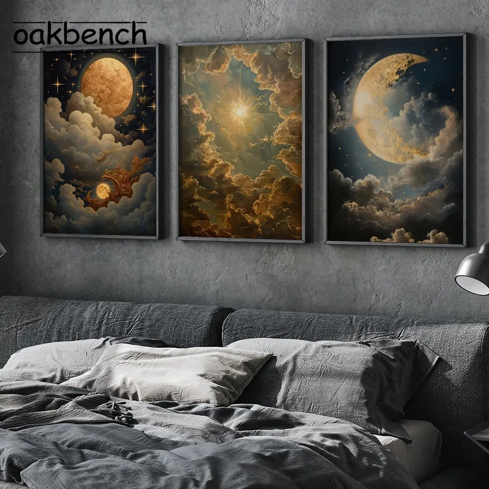 Crescent Moon Under The Stars Folk Art Poster Moon Stars Canvas Print Vintage Nature Wall Art Living Room Bedroom Decor No Frame