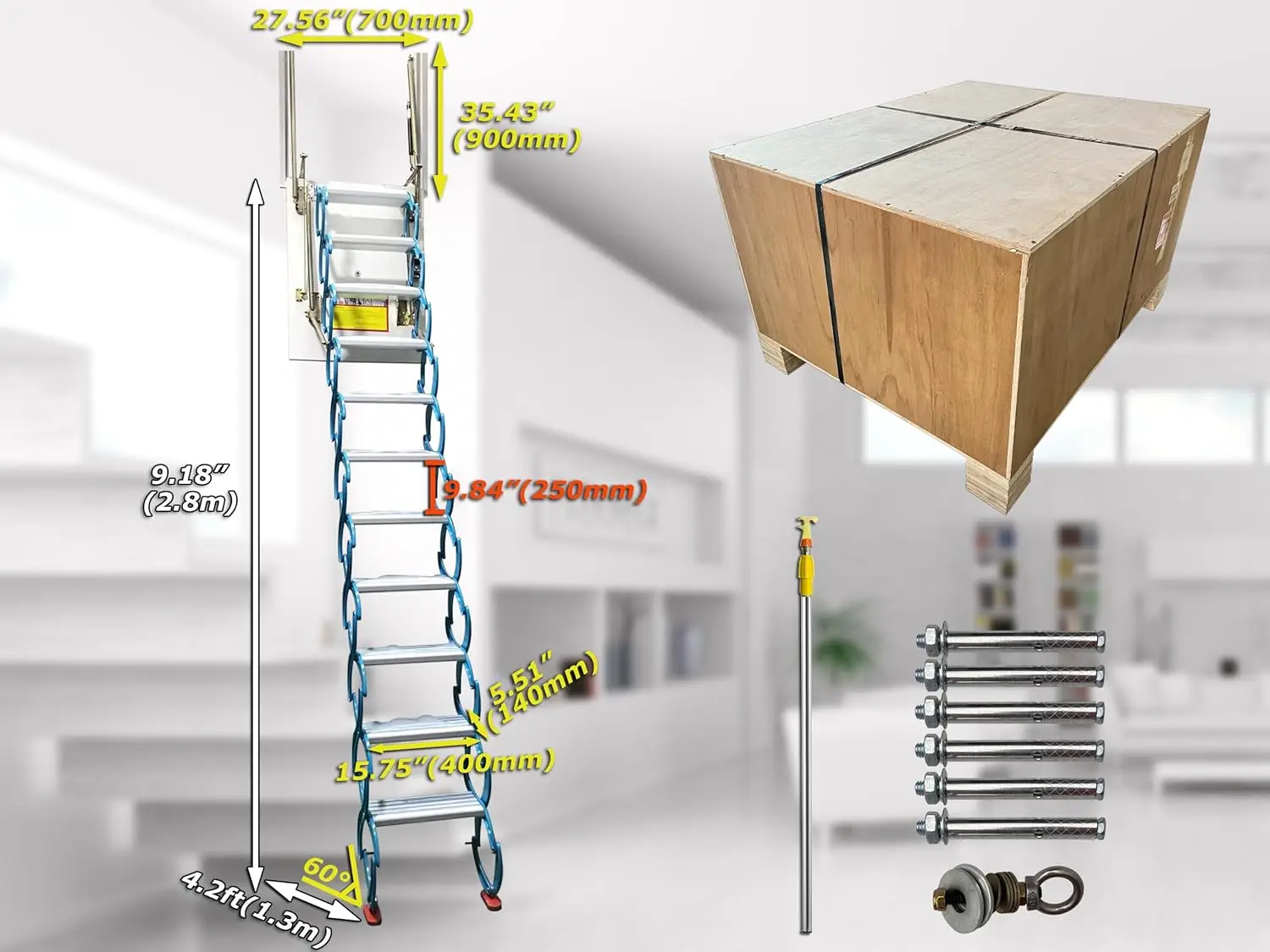 Intsupermai Attic Loft Ladder Stairs Side-Mounted Blue Folding Loft Ladder Stairs Attic Extension Ladder Max 9.2Ft Height 11