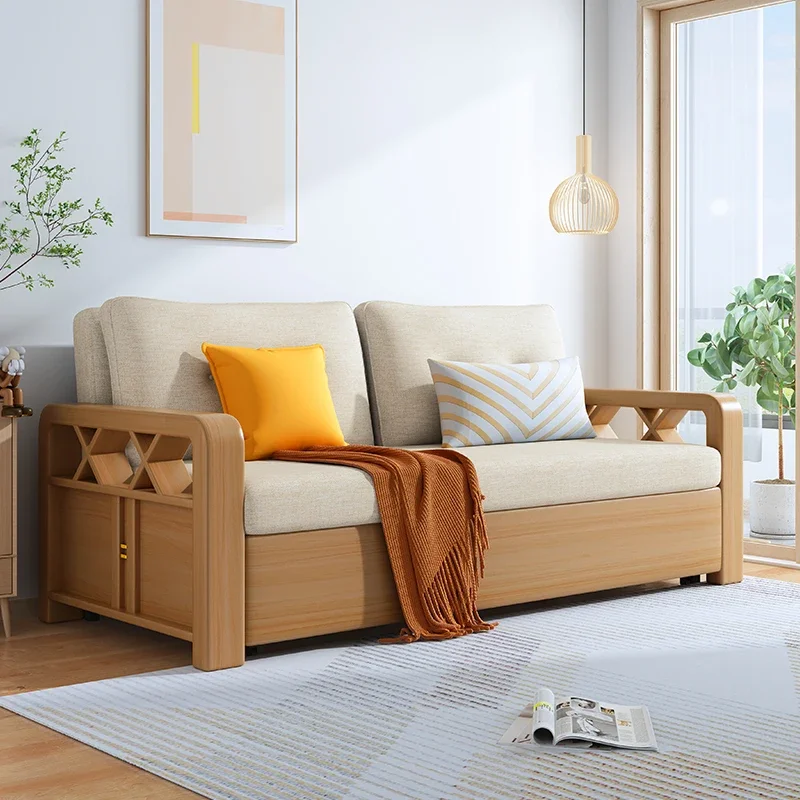 

2024 new solid wood sofa bed small apartment Internet celebrity living room multi-function foldable sofa bed double dual use