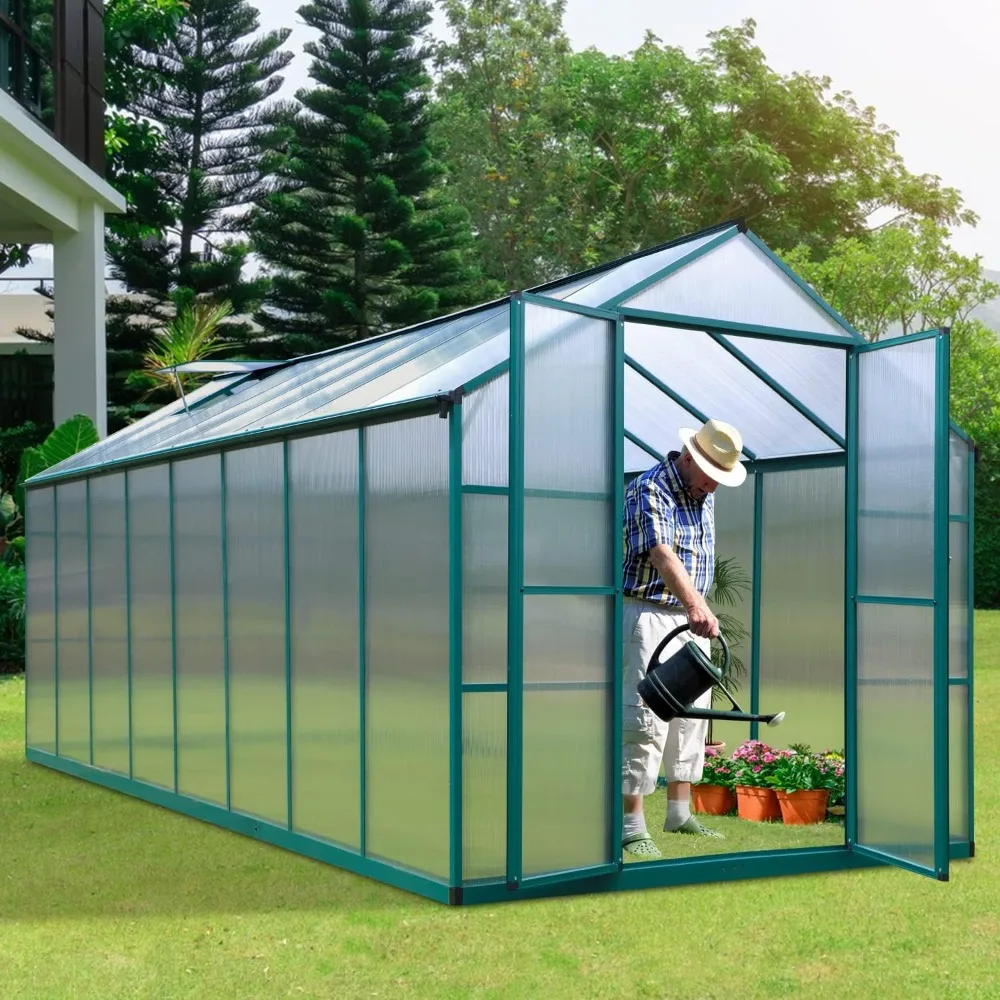 

8'x16 'polycarbonate greenhouse with roof vent, outdoor heavy-duty aluminum large walk-in greenhouse