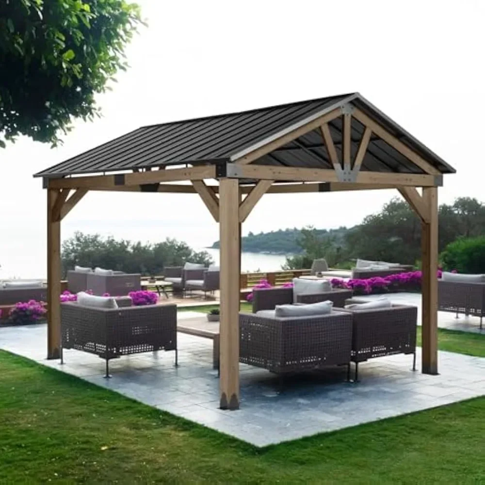 Gazebo,10 X 12 Ft. Wood Gazebo,Outdoor Upgrade Cedar Wooden Frame Gazebo With Single Galvanized Steel Roof, For Patio Bac