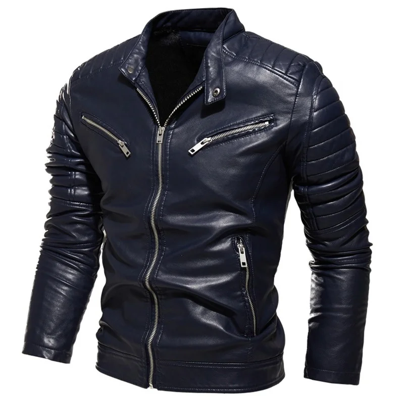 

Mens Winter Jacket Lapel Black Leather Motorcycle Biker Coats Pleated Design Smart Warm Fur Lined Slim Fit