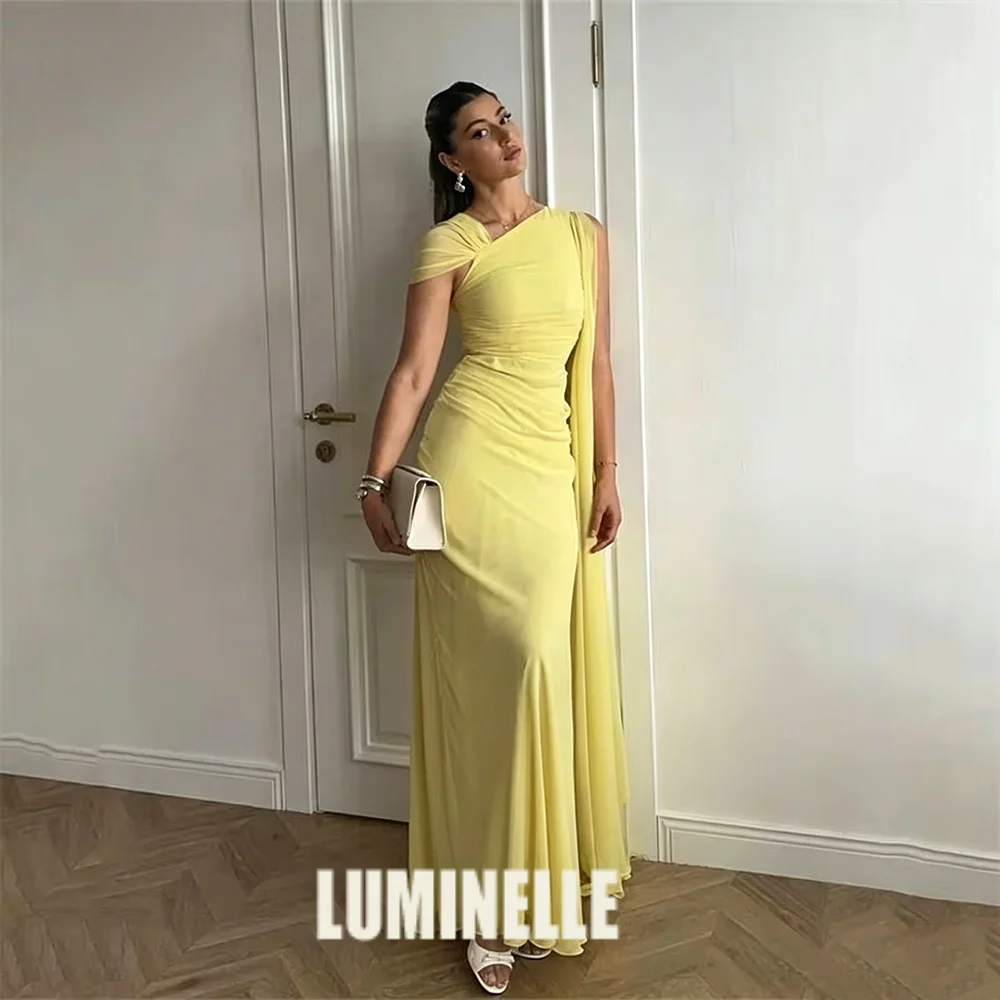 Elegant Yellow A-Line Prom Gowns Cape Sleeve Formal Party Gown Chiffon Evening Dress Vestidos De Fiesta Customized