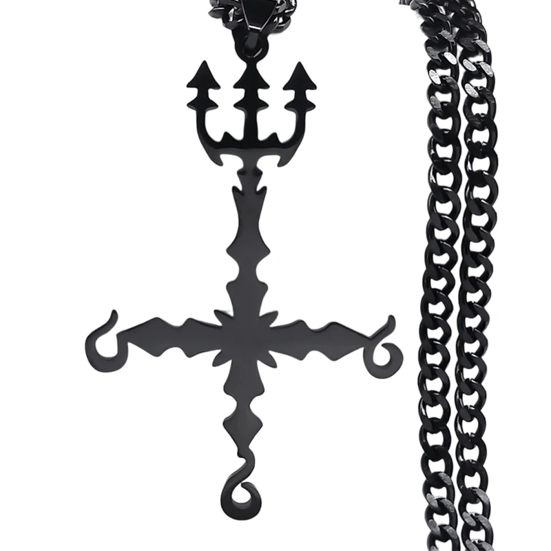 Trendy Gothic Inverted Cross Pendant Necklace Trident Hip Hop Punk Style Necklace Unisex Style Jewelry Accessory for Daily Wear