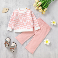 Autumn Baby Girls Clothes Pink Heart Knit Newborn Infant Sweaters Pullovers+Trousers Outfits Sets 2pcs Toddler Child Sport Suits