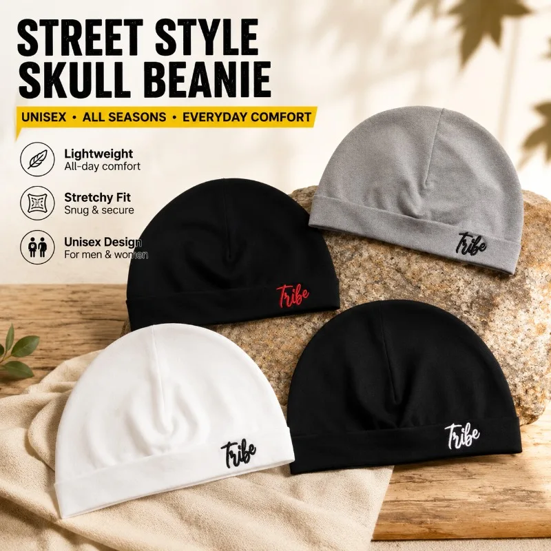 Skull Print Beanie Hat for Men Women, Solid Color Nylon Street Style Skull Cap, Unisex All Seasons Casual Sports Hat