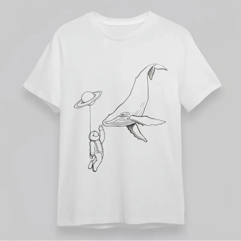 Men'S All Season Classic T Shirt Astronaut With Whale And Saturn Balloon