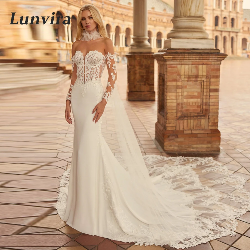 Lunvira Charming Full Sleeves Brides Dress Cape Lace Appliques Sweetheart Mermaid Royal Train Satin Abito Da Sposa Customized
