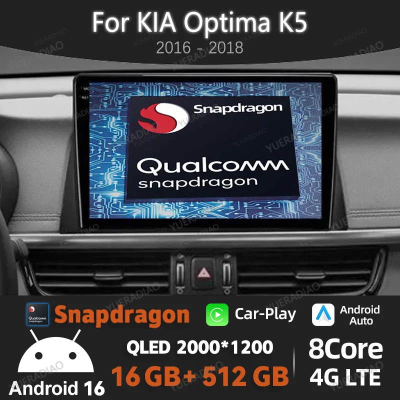Android 16 Car Radio For KIA Optima K5 2016 2017 2018 BT Multimedia Video Player GPS NAVI 2DIN 4G LTE 5G WIFI QLED Qualcomm