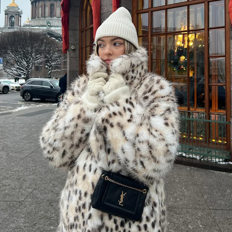 Neo Mint Luxury Maxi Long Leopard Belted Faux Fur Coat Women Winter 2024 Brand Fashion Mob Wife Vibe Fox Fur Jacket Overcoat