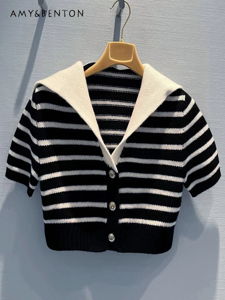 

2024 Early Spring New Hot Girl Short Knitted Cardigan Sweet Girl Sailor Collar Striped Cardigan Office Lady Versatile Sweaters