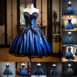 Blue Satin and Black Lace Edge Applique Strapless Short Length Lace Up Back Evening Dress Brithday Elagant Clothing Custom W1-19