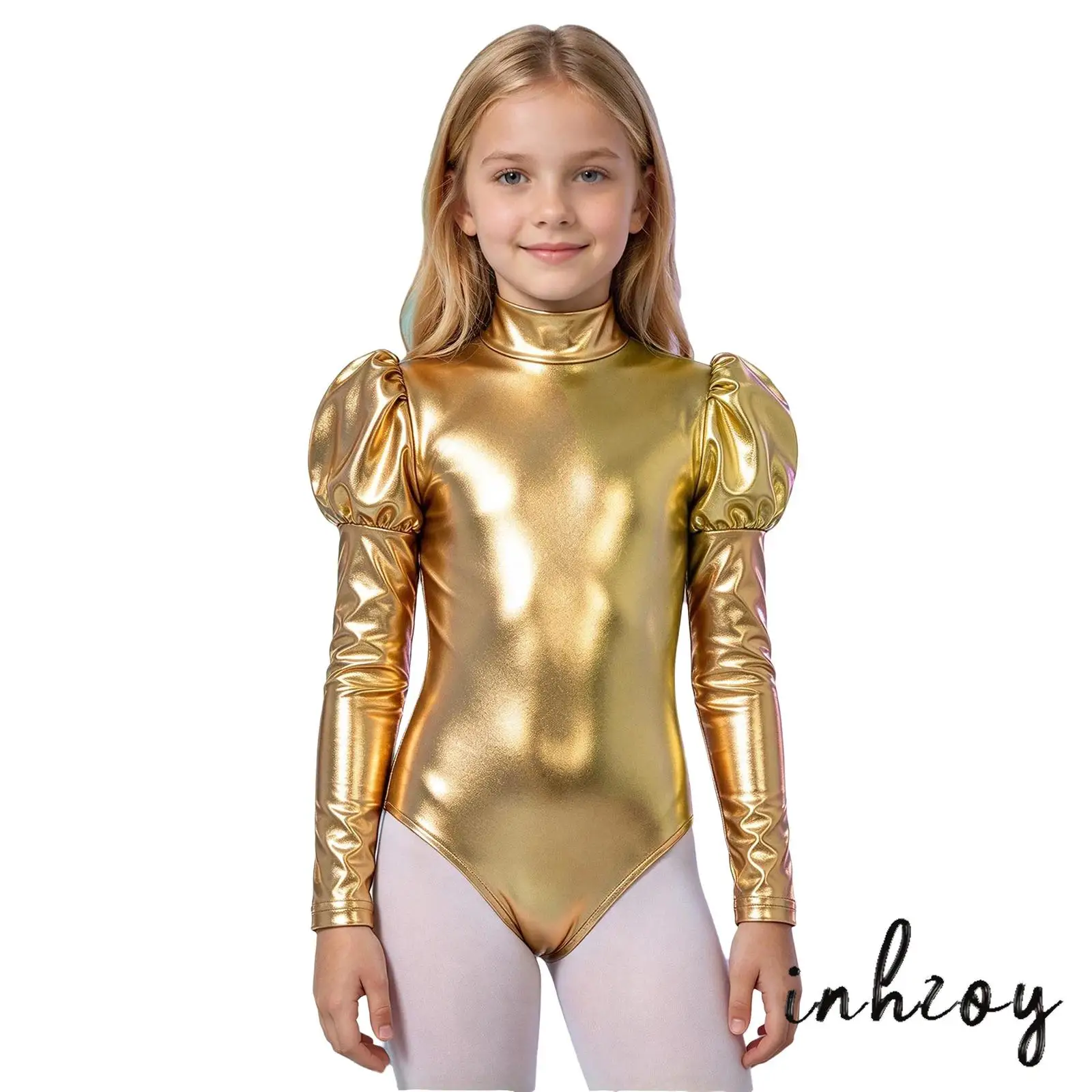 Kids Girls Metallic Alien Leotard Puff Sleeves Mock Neck Back Invisible Zipper Bodysuit for Ballet Dance Performance Cosplay