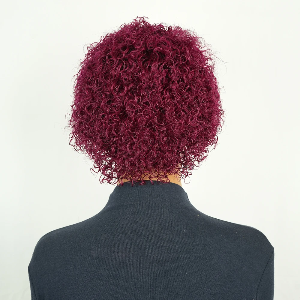 Peluca de corte Pixie corto rizado con ondas de agua color Burdeos, pelucas de cabello humano brasileño con flequillo prearrancado para mujeres, hechas a máquina