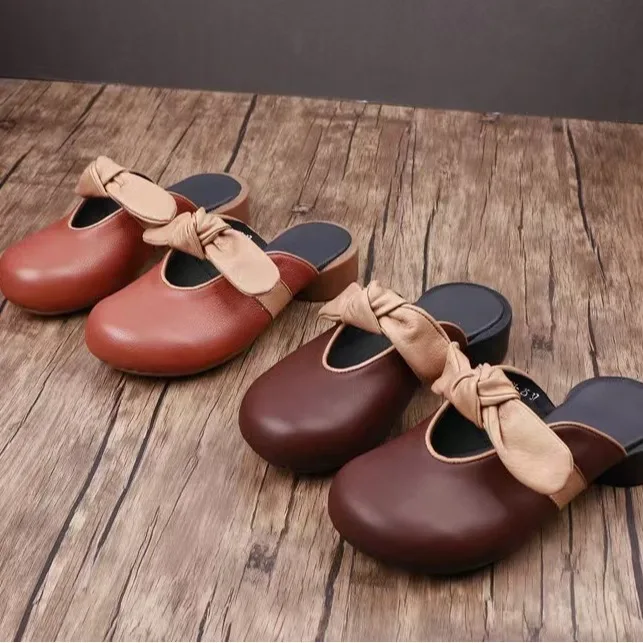 

Birkuir Retro Thick Heel Bow Slippers For Women Hollow Out Closed Toe Low Heel Slip On Slides Bohemia Genuine Leather Sandals