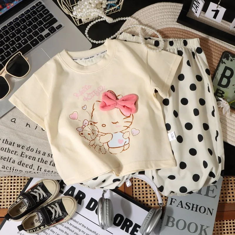 

Sweet Hello Kitty Anime Kawaii Sanrio Ins Cotton T-shirt Cute Cartoon Baby Short-sleeved Casual Hoodie Clothes Gifts Toys