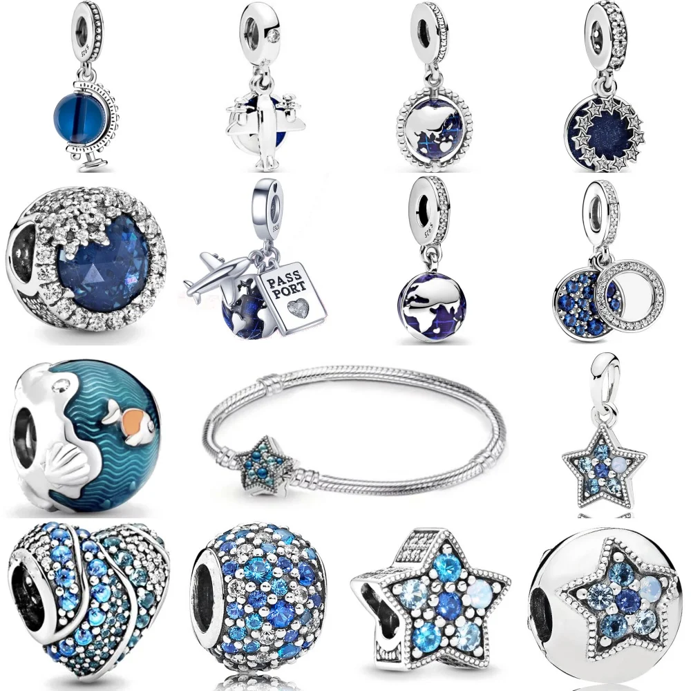 Blue Heart-Shaped, Pentagonal Bead Airplane Pendant, Suitable For European Original Bracelet DIY Exquisite Jewelry 925 Silver