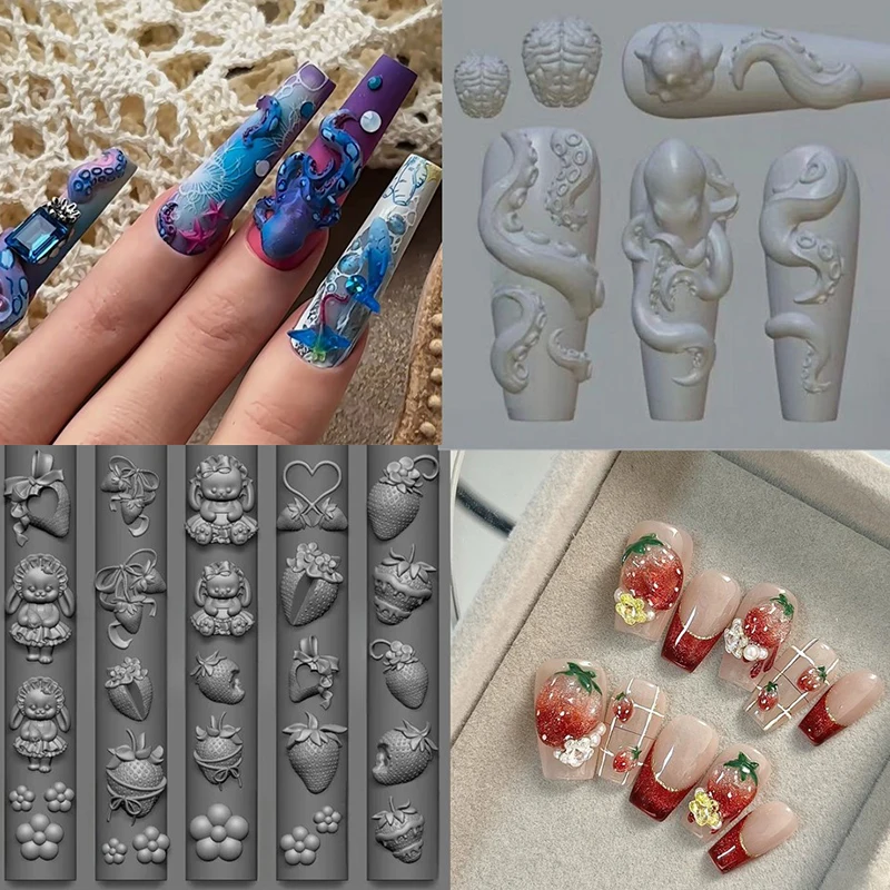 【Beautiful】Bunny Strawberry Ocean Octopus 3D Silicone Mold DIY Nail Art Decor Cartoon Rabbit Flower Transparent Mold Design Tool