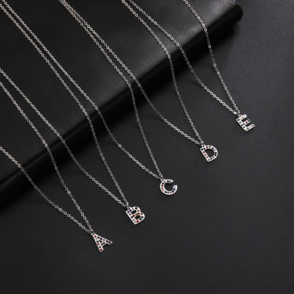 Skyrim A-Z Letter Initial Pendant Necklaces for Women Luxury Colorful Rhinestone Alphabet Neck Chain Stainless Steel Jewelry