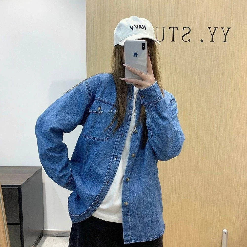 

Casual Loose Long Sve Denim irt Couple Sle Spring Waed Cotton Men Women Clothes Try Room Trendy Outerwear