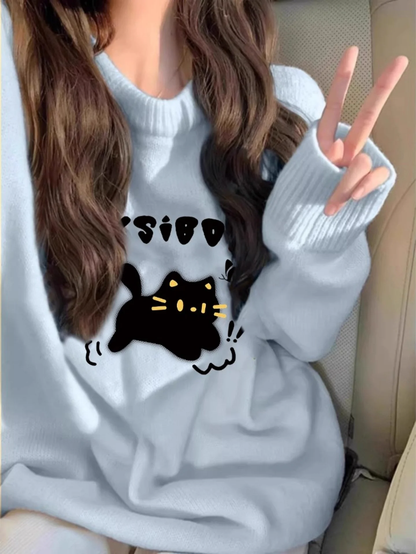 

Korean Sle Loose Fce Lined Thiened Knitwear round Ne Sweater Blue Trendy Autumn Winter Women's Long Sve Top