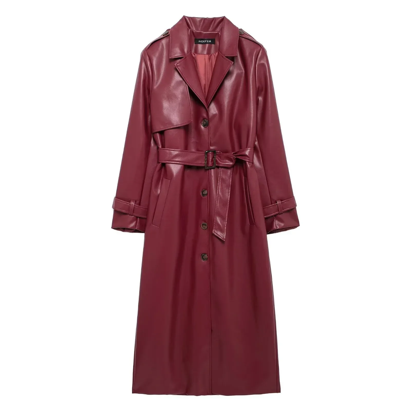 Manteau en Faux cuir pour femmes, nouvelle mode avec ceinture, Style Long, simple boutonnage, Vintage, manches longues, poches, vêtements d'extérieur, 2024