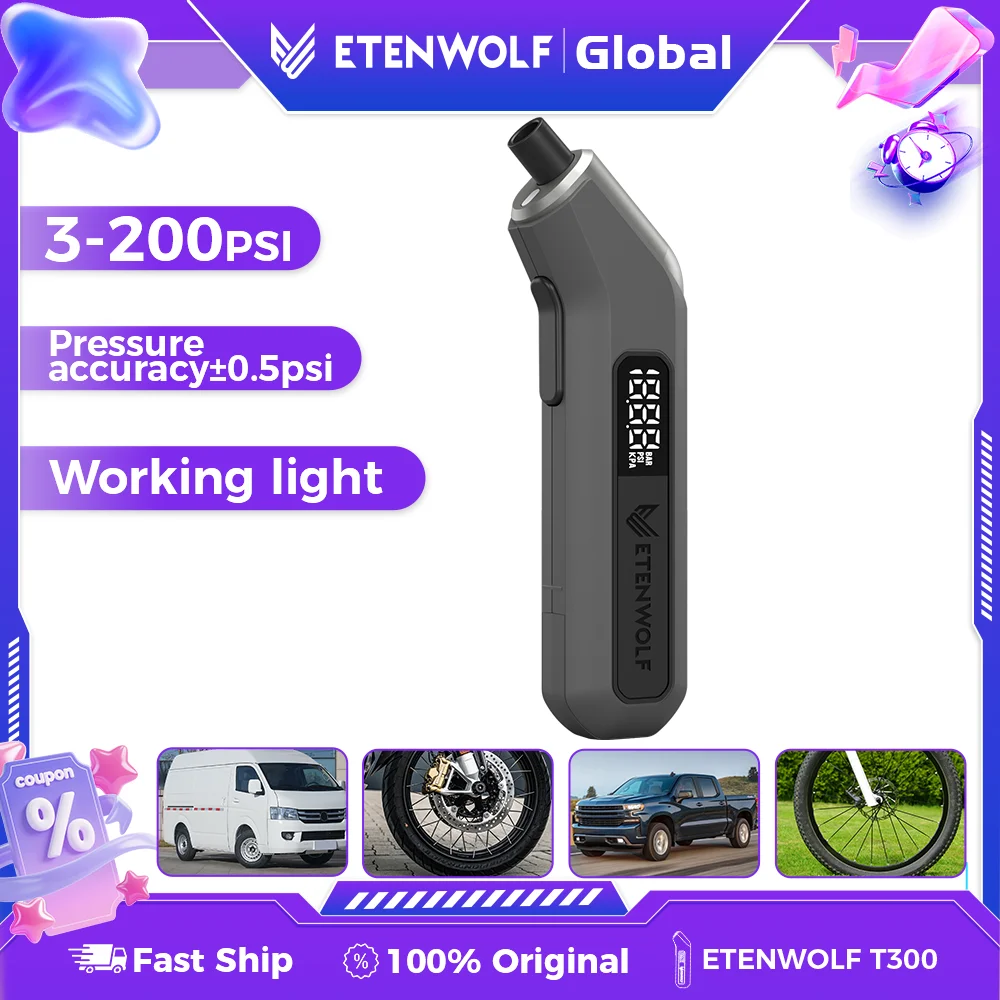 Manômetro ETENWOLF T300 200 PSI com Display LED Brilhante, Medidor Digital de Pressão de Pneus para Carros, Motocicletas, Bicicletas e Bolas (Sem bateria)