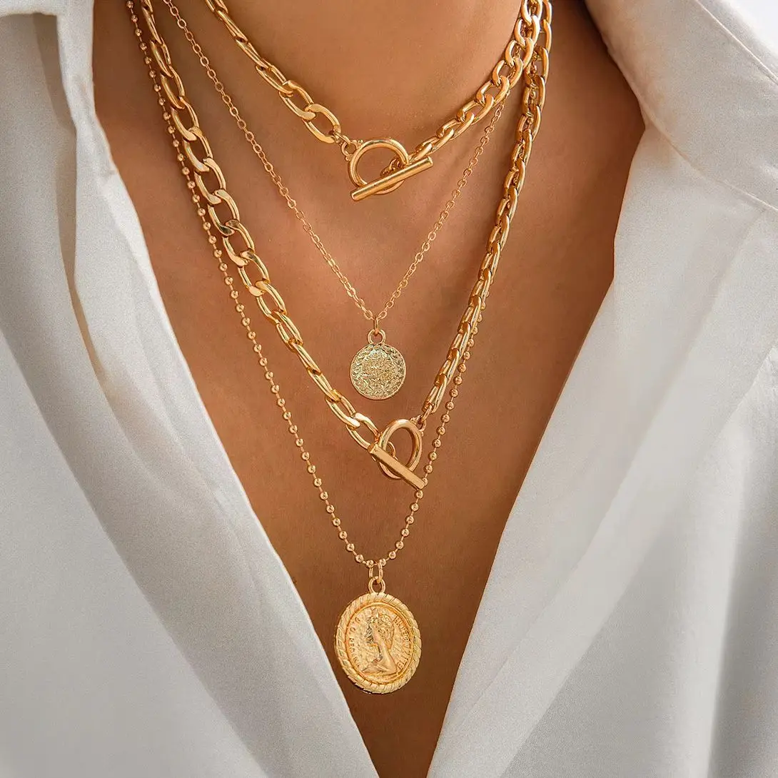 

Salircon 4Pcs/Set Exquisite Relief Round Coin Pendant Women Choker Necklace Simple Classic OT Buckle Clavicle Chain Jewelry