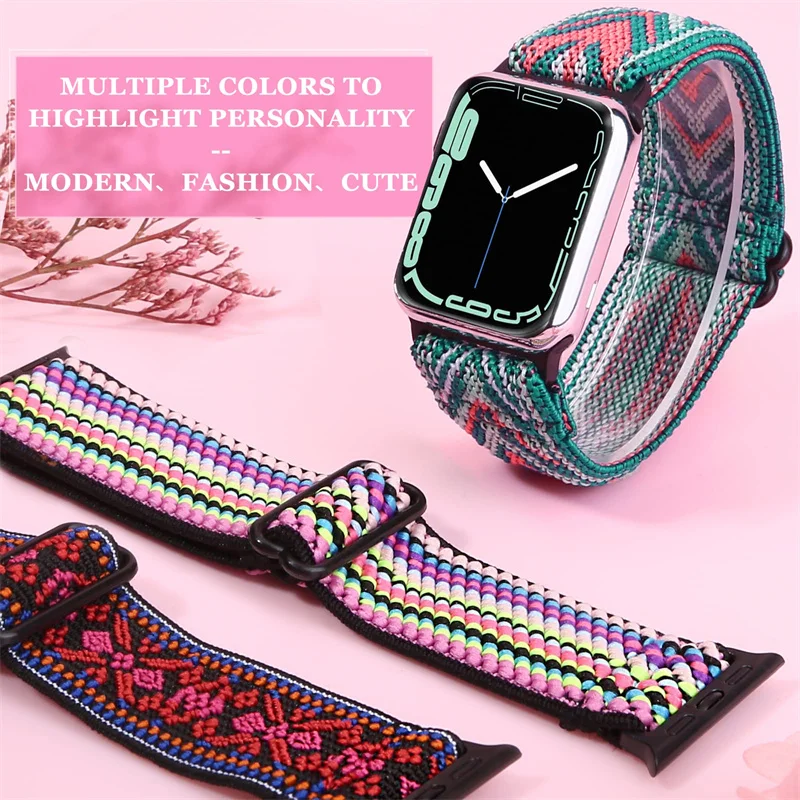 Bohemian Nylon Strap for Apple Watch ultra 2 49mm 41mm 45mm 38/40/44mm Elastic Shiny Bracelet iWatch Series 9/8/7 6 5 4 Se Band