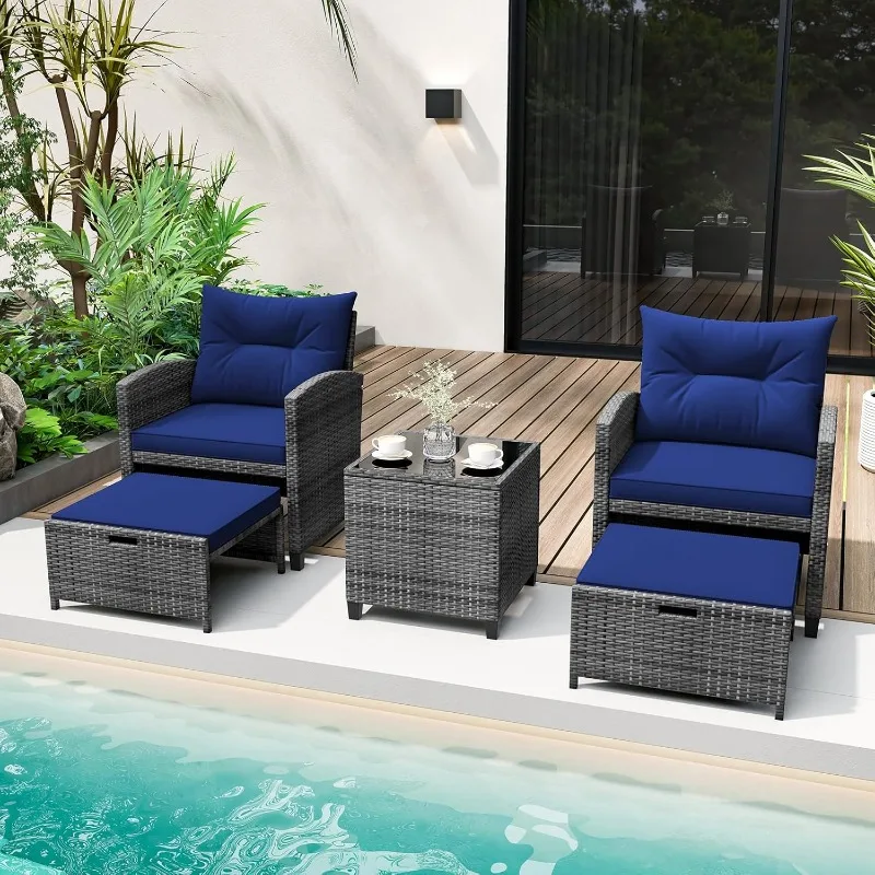 

5 Piece Patio Rattan Furniture with 2 Ottomans & Tempered Glass Coffee Table, for Poolside, Backyard, garden furniture