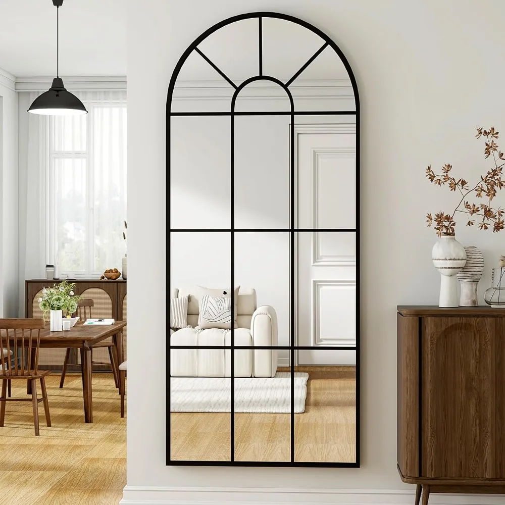 

24×65 Windowpane Arched Full Length Mirror, Grid-Designed Decorative Farmehouse Full Body Floor Mirror with Metal Frame Hanging