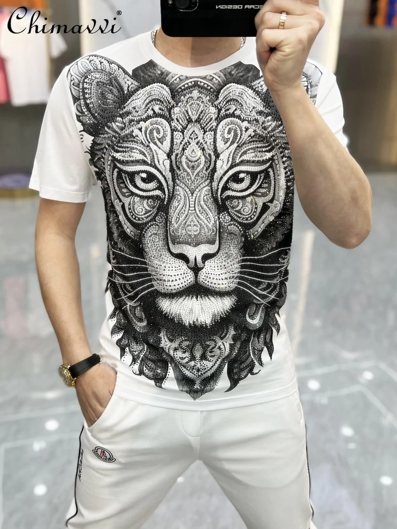 

2024 Summer New American Short Sleeve T-shirt Top Men's Heavy Industry Tiger Hot Drilling Slim Casual Thin Handsome Tshirts