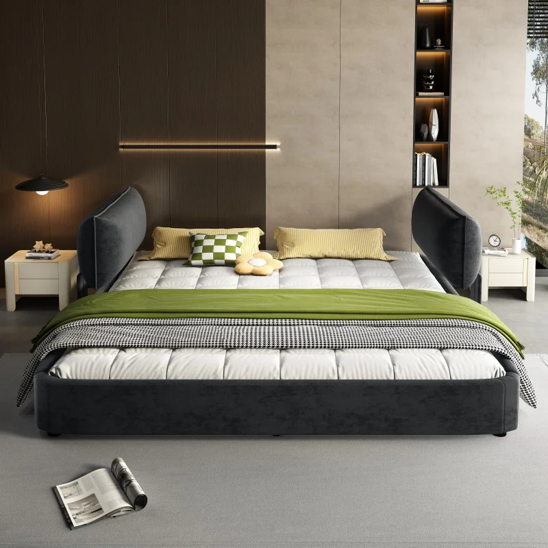 *#King Size Chenille Upholstered Bed Cloud Bed Frame With Oversized Padded Movable Headboard