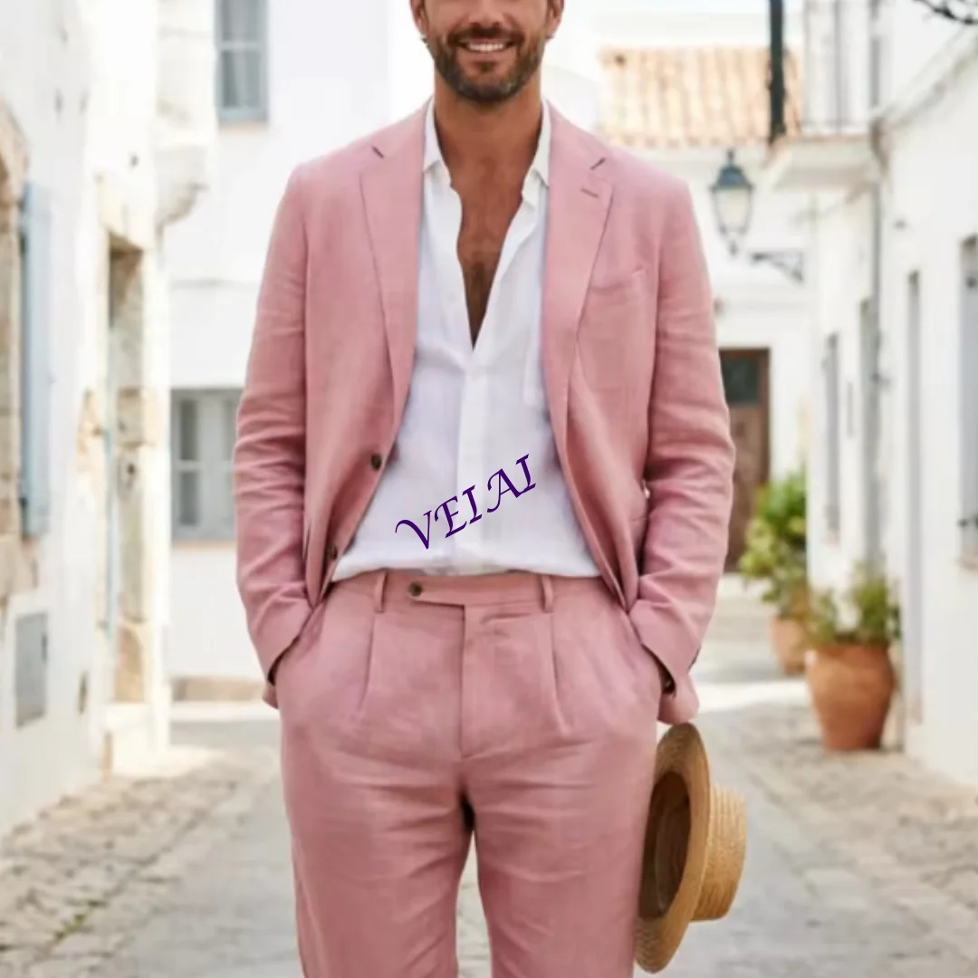 

Customized Summer Men's Linen Suit 2-Piece Lightweight Blazer with Trousers Vintage Design for Beach Party Daily Wear