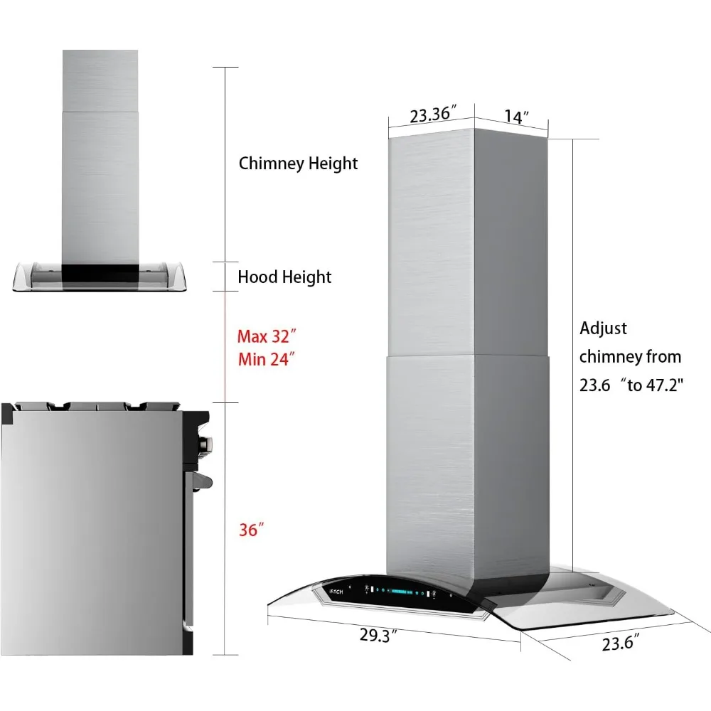 Campana extractora de montaje de isla mejorada, campana extractora con conductos 900 CFM con ventilador de 4 velocidades, acero inoxidable, 30"